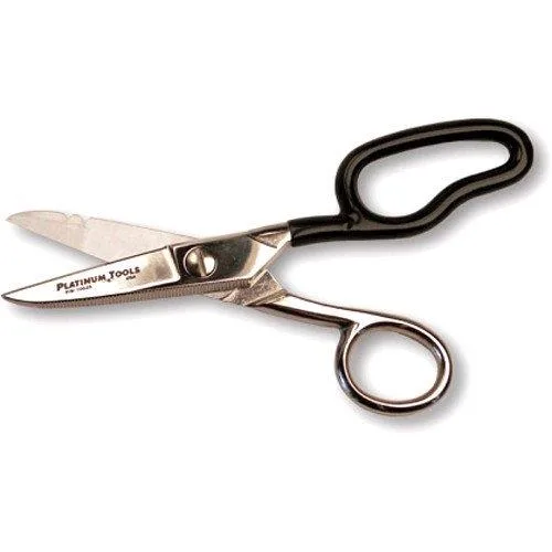 Black electrician scissors with ergonomic large-ring handles and serrated stainless-steel blades