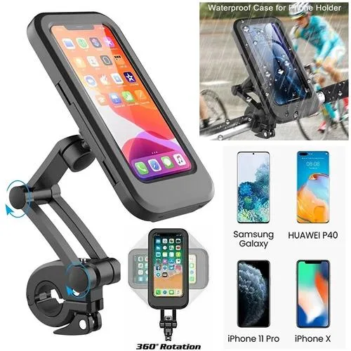 Black waterproof phone mount with handlebar clamp and 360° rotating ball joint