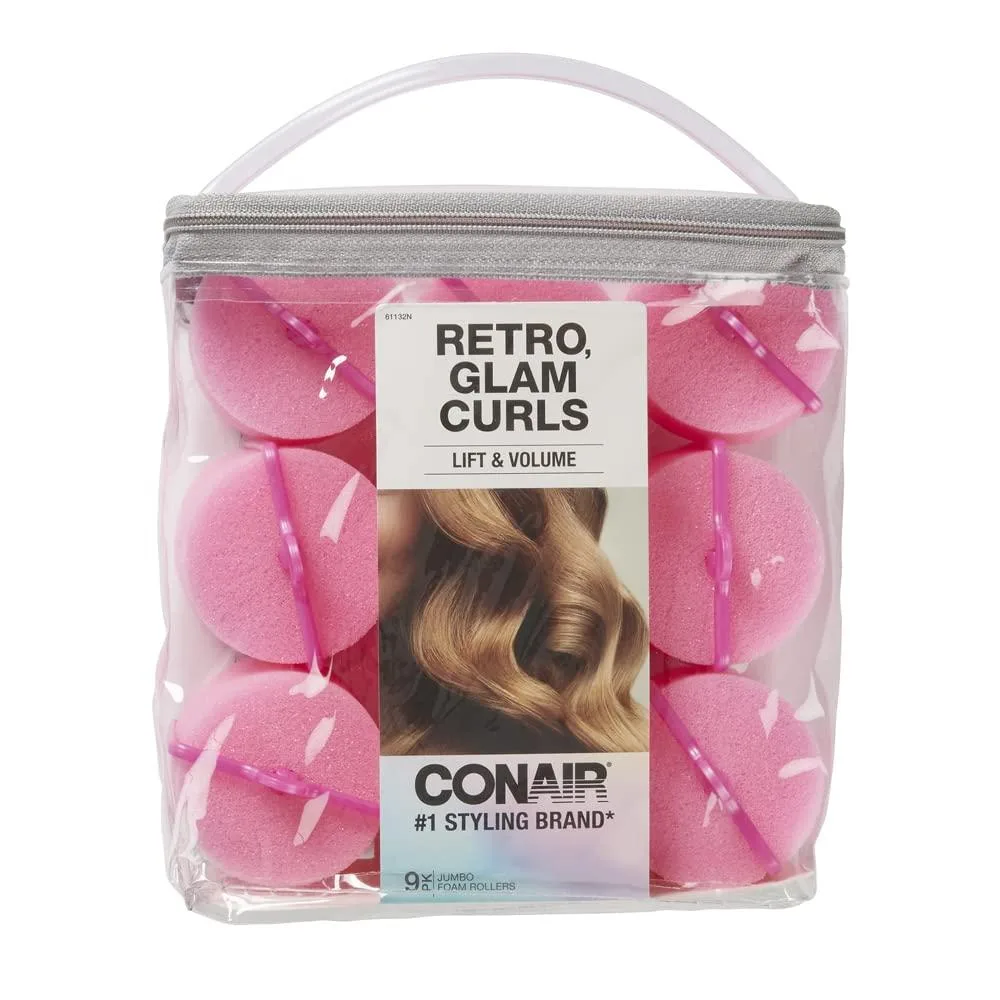Pink foam hair rollers in a clear zippered storage bag
