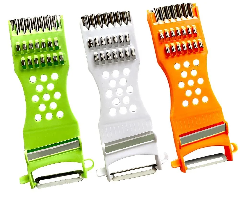 Three handheld plastic peelers with stainless steel blades, arc handles, 6.69 by 2.17 inches