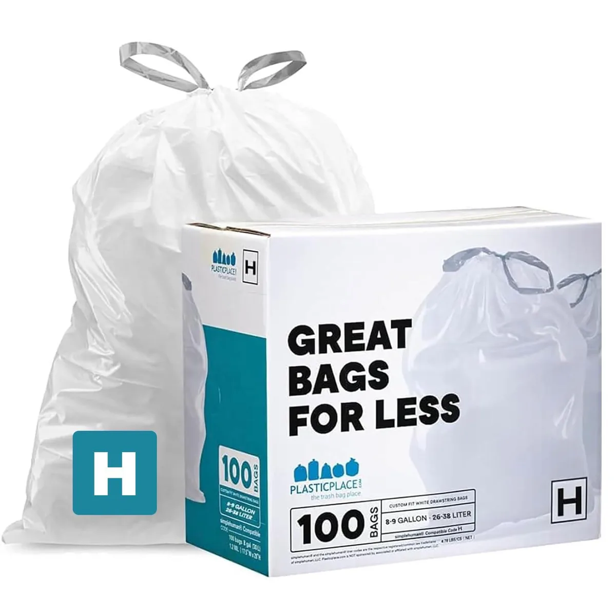 White drawstring garbage bags in a rectangular pack, 100 count, 1.2 mil thick