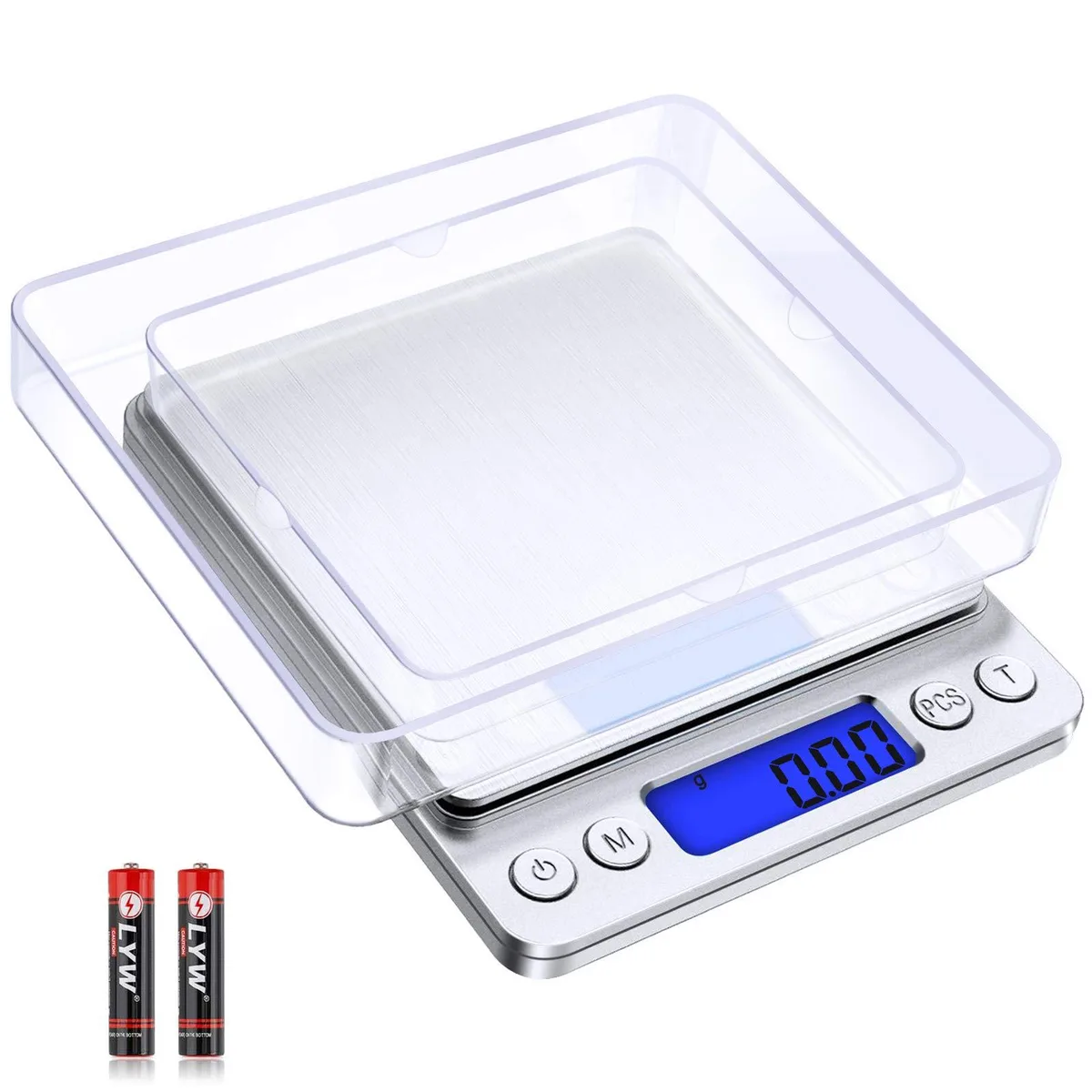 White pocket scale with two trays, LCD display, compact rectangular shape