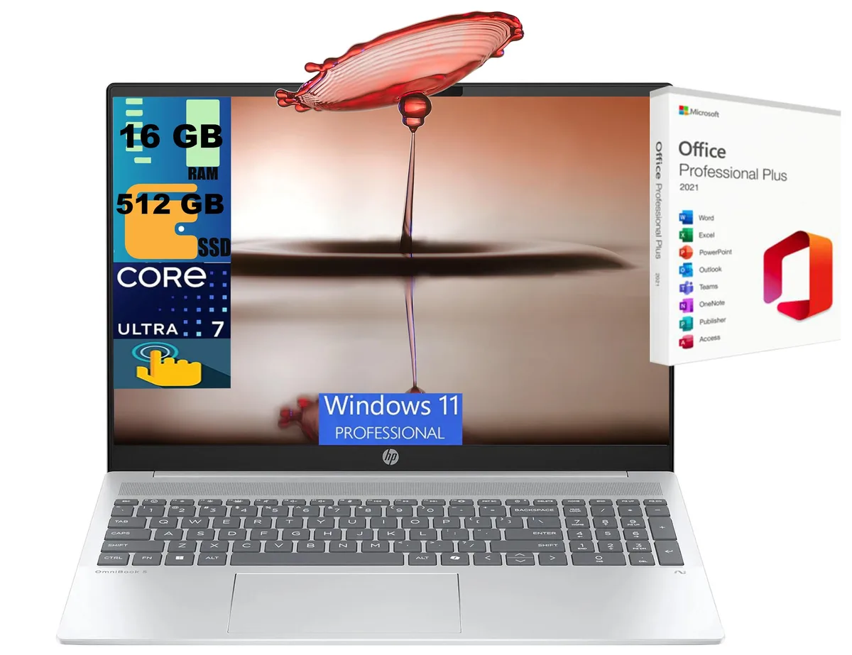 HP HP OmniBook 5 16 laptop Ultra 7 255U 16GB 512GB 16" WUXGA touch Silver — product photo