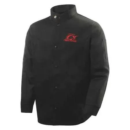 Black cotton welding jacket with leather reinforcements, mandarin collar and snap closures