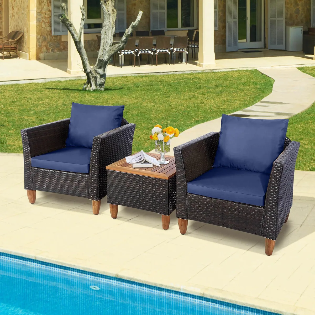 Costway Costway 3PCS Patio Wicker Rattan Sofa Set Navy — product photo