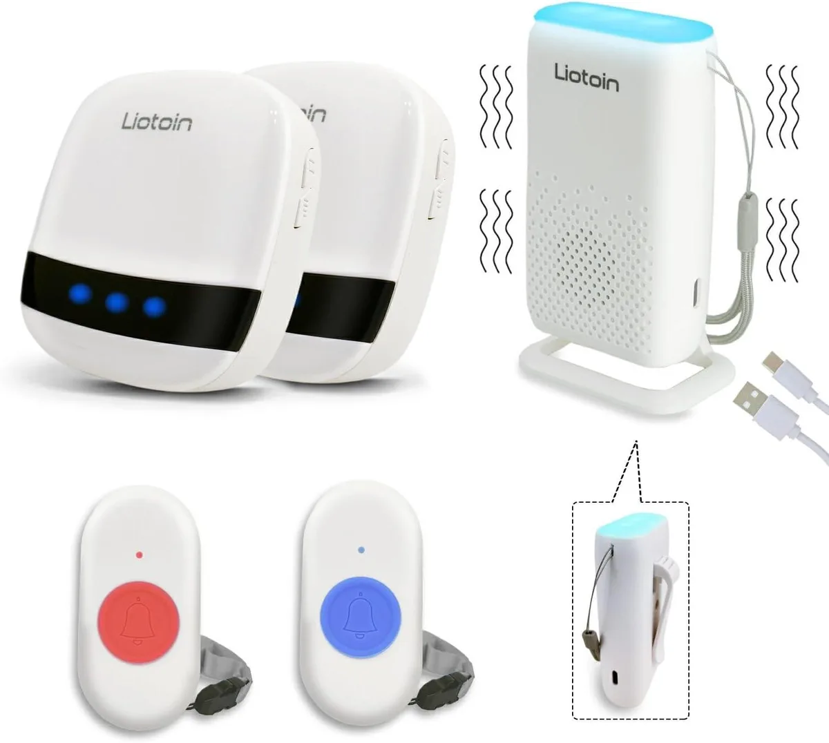 Two white waterproof call buttons, one portable pager with belt clip, two plug-in receivers with LED indicators