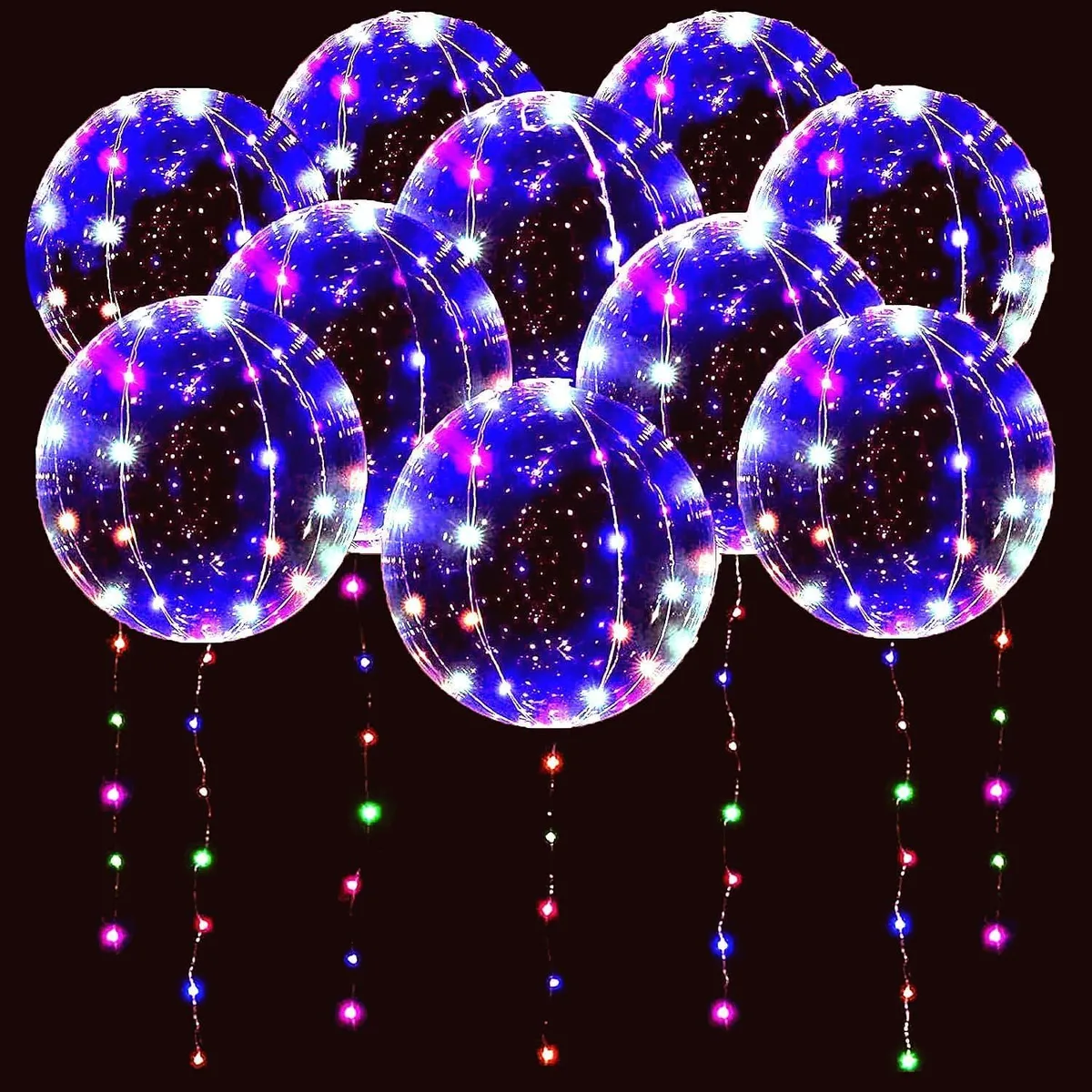 Pack of ten clear 20-inch bubble balloons with colourful LED string lights