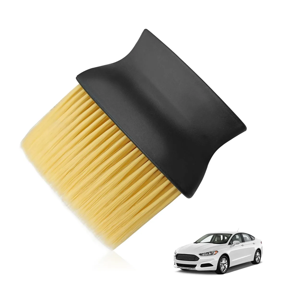 Yellow car detailing brush with soft nylon bristles and textured plastic handle