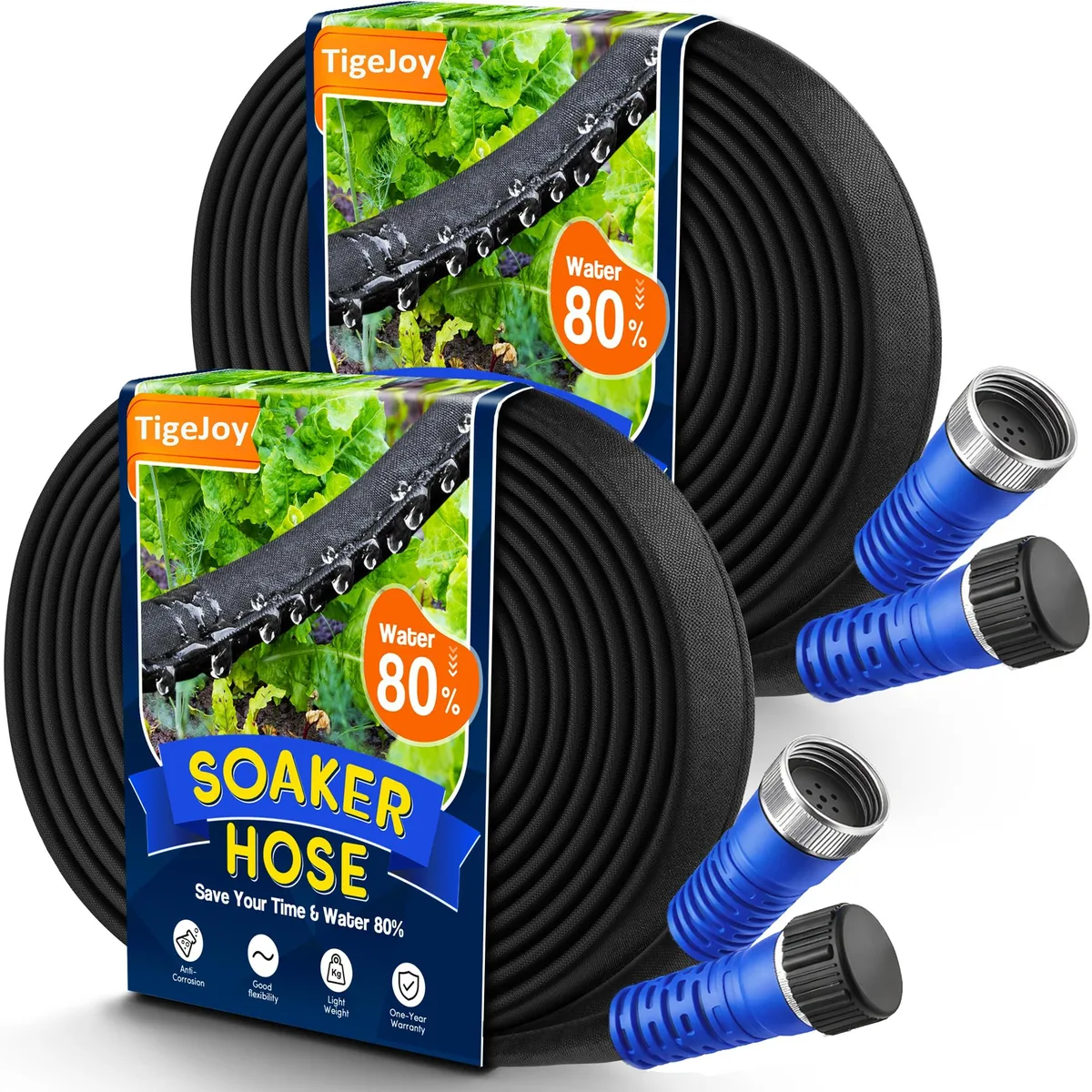 Flat green soaker hose coiled, blue strain relief on metal connector