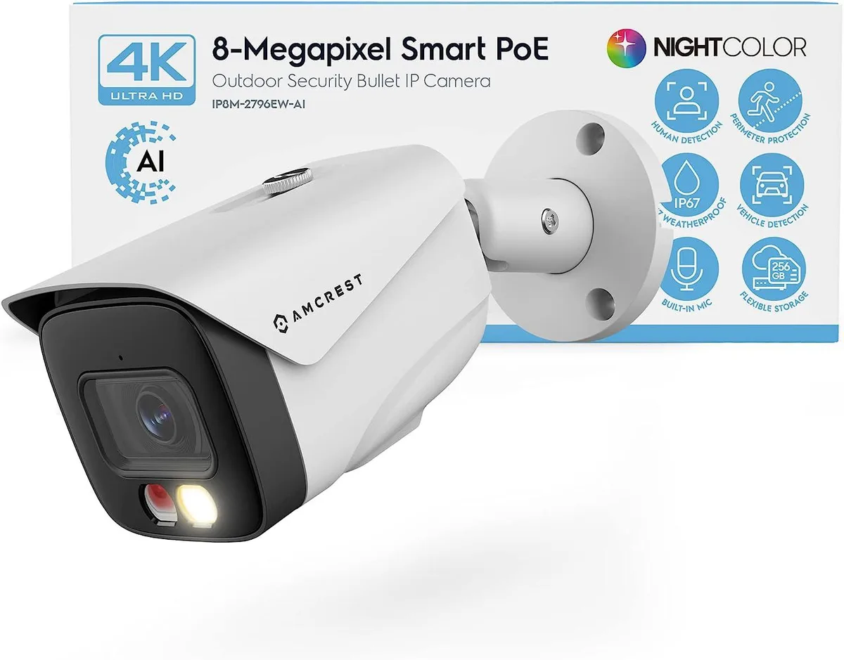 White cylindrical bullet camera with a sunshield, matte finish and front-facing lens and LEDs