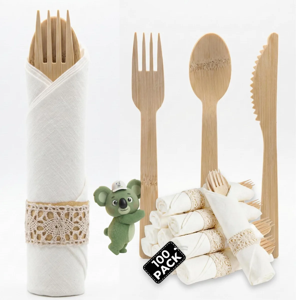 Pre-wrapped bamboo cutlery set, black finish, 7 pieces