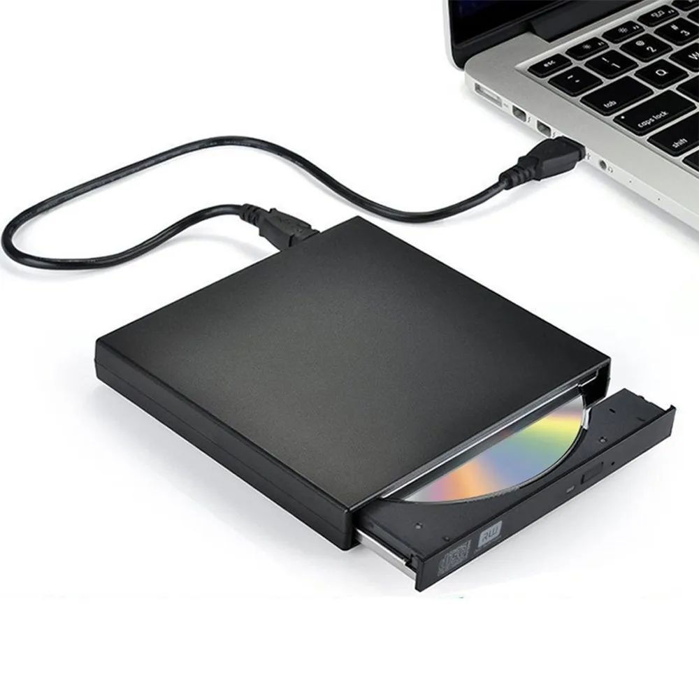 Slim silver external CD DVD burner with two cables