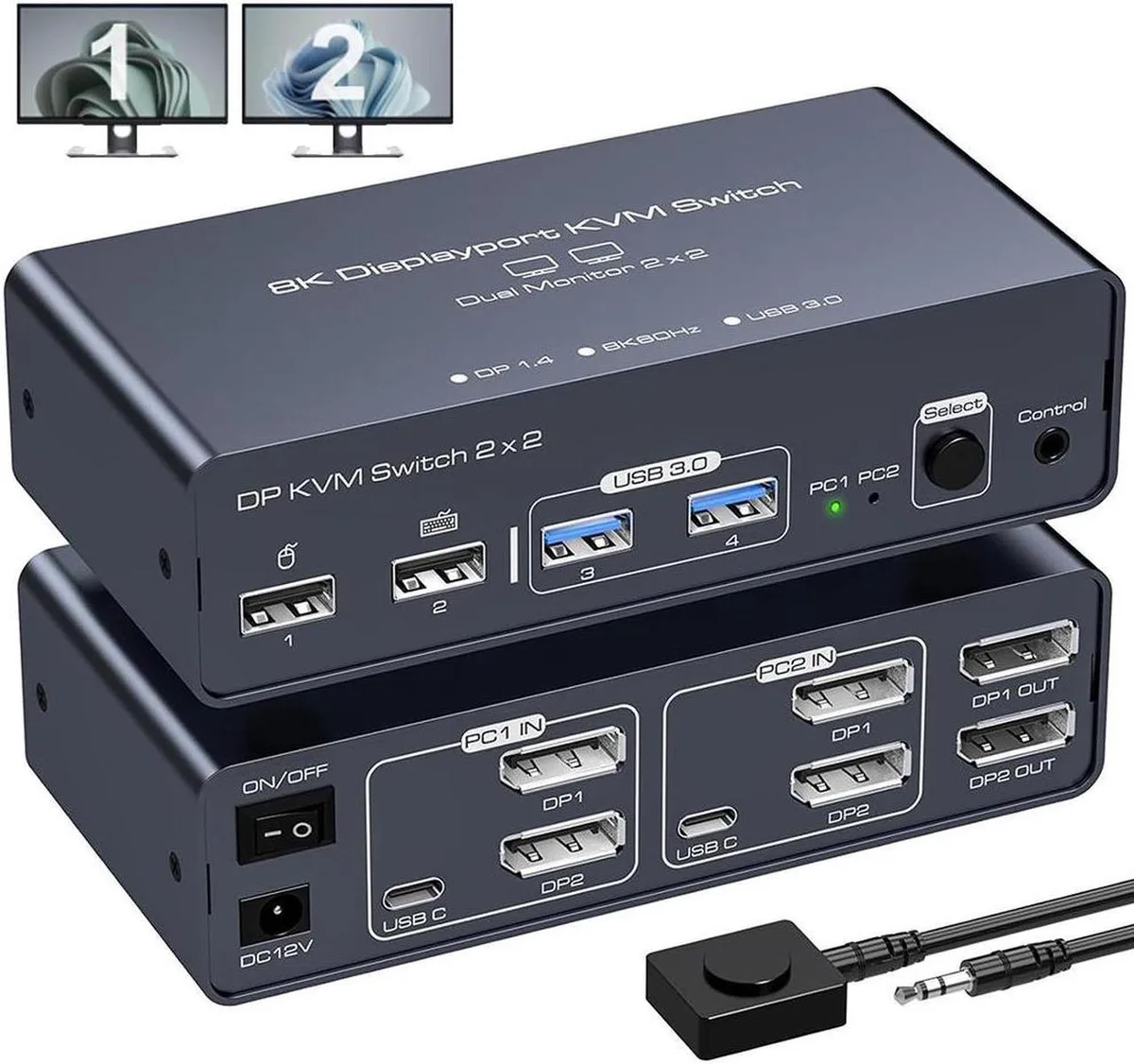 Vszerda Vszerda 2 Port Dual Monitor DisplayPort KVM Switch 8K60Hz 4K120Hz DP1.4 USB3.0 Aluminium — product photo