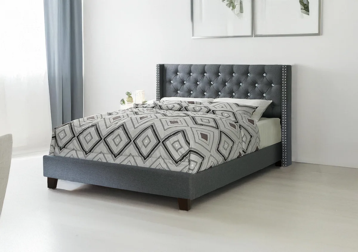 Tuphen queen bed in blue-gray fabric with 47 inch headboard and 13 inch footboard