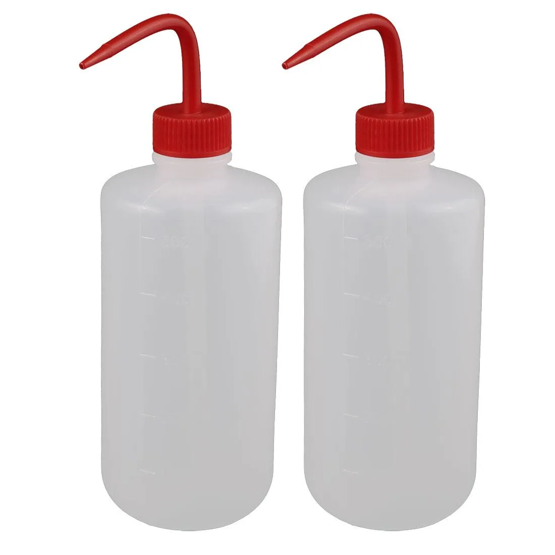 Two clear 500ml plastic squeeze bottles with red 2mm tips, 73mm wide by 168mm tall, 105g each