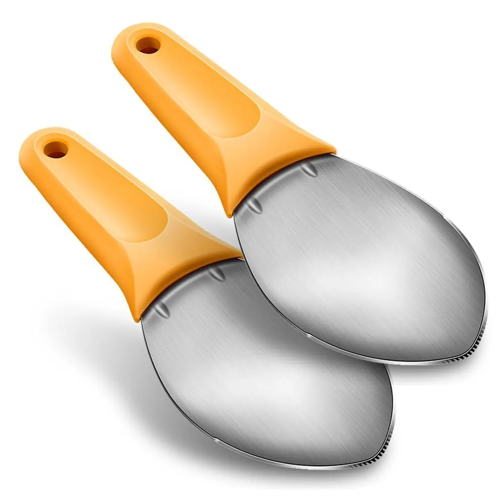 Two orange stainless-steel mango slicers with curved serrated blades and non-slip handles