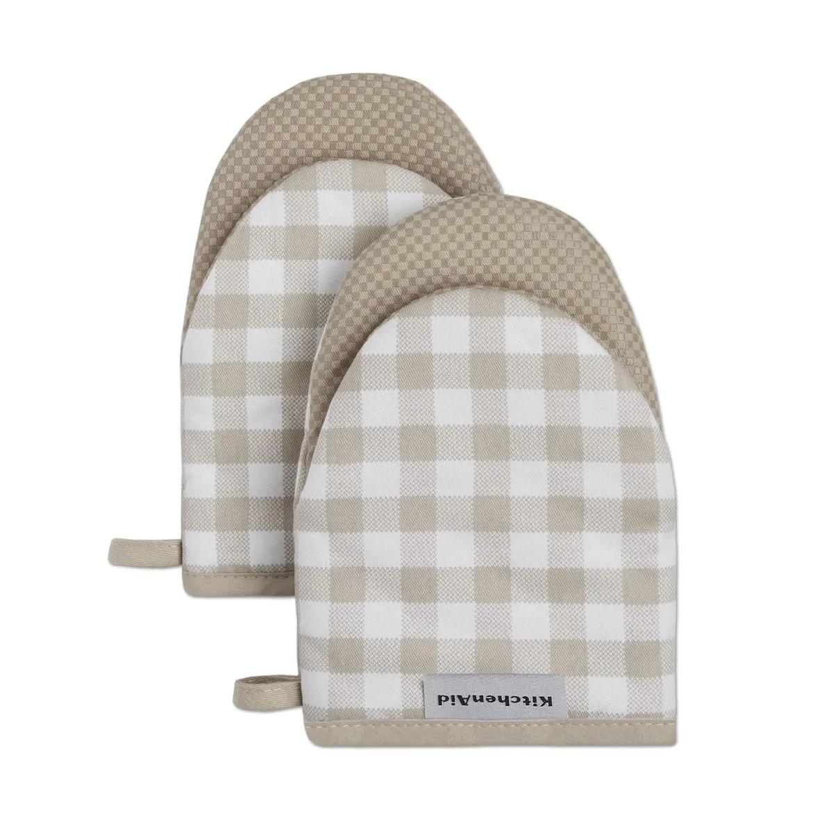 Two milkshake-tan gingham mini oven mitts with silicone grip and hanging loop