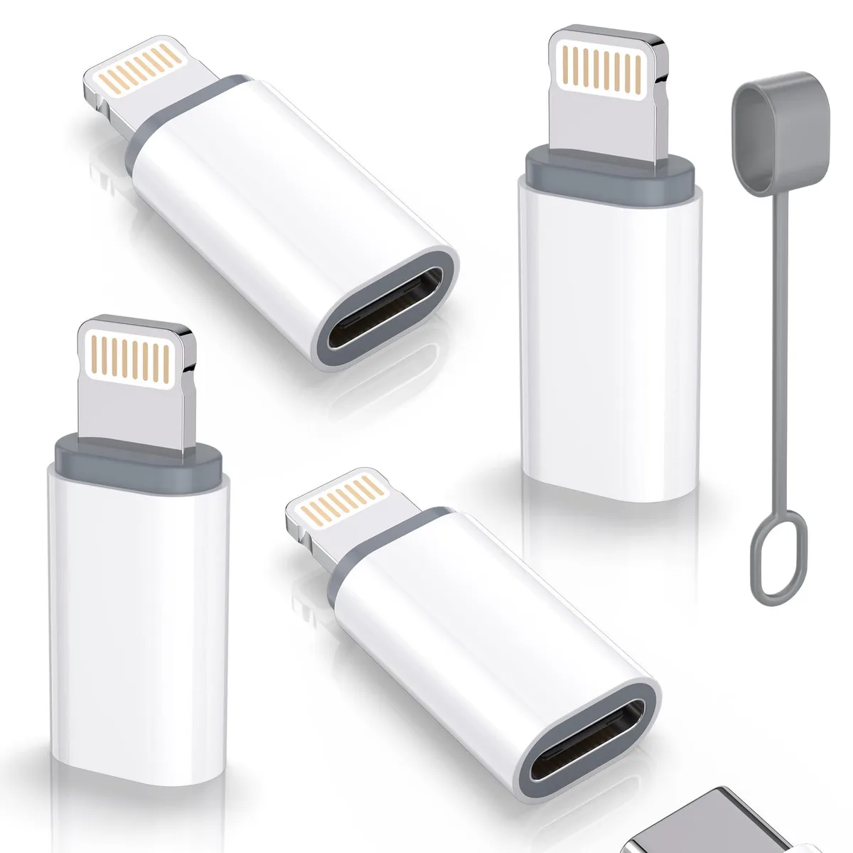 Four white USB-C female to Lightning male adapters with anti-lost loops