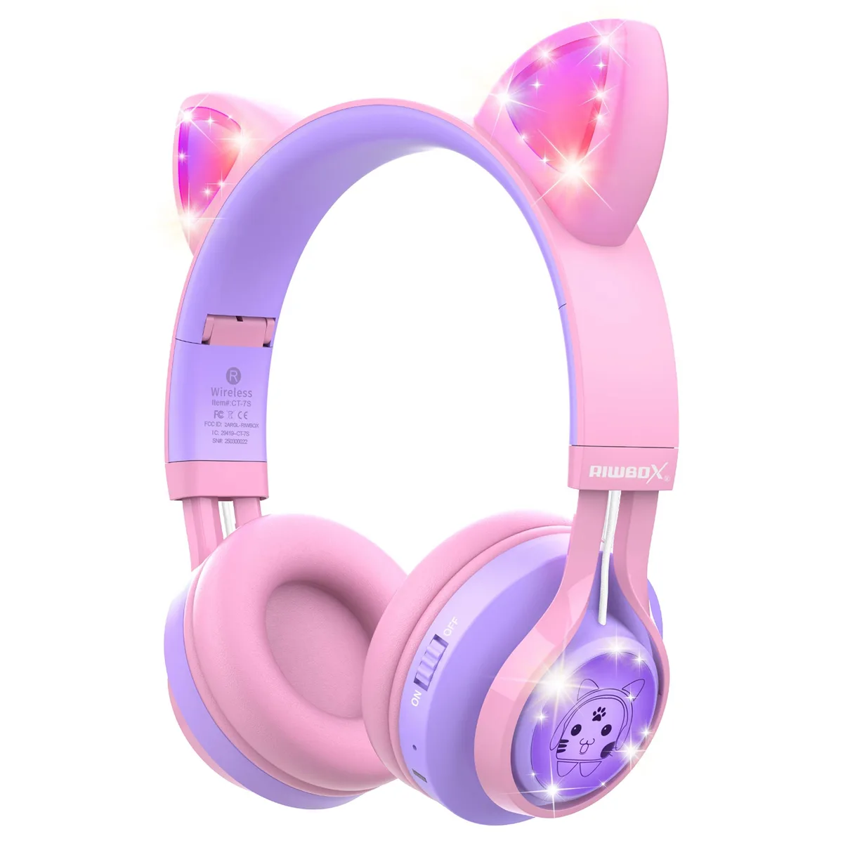 Riwbox CT-7S Cat Ear Bluetooth Headphones 85dB Pink/Purple — product photo