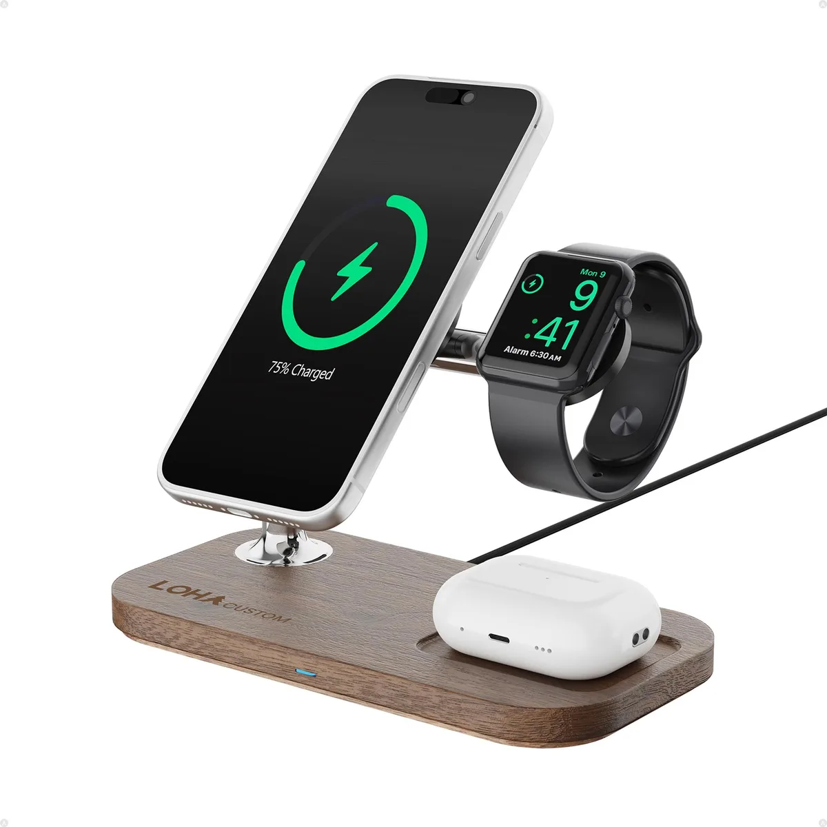 Loha Custom Loha Custom Black Walnut Wood 3-in-1 Wireless Charger — product photo
