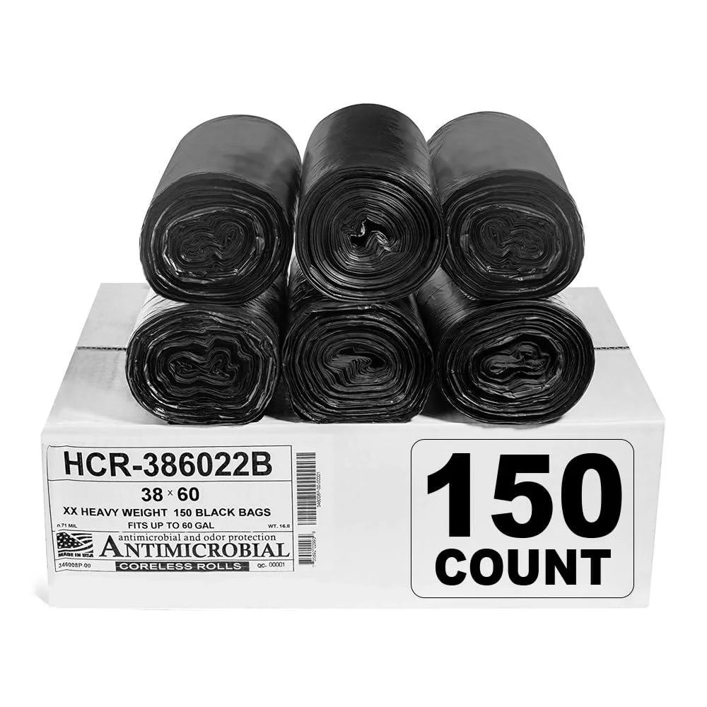  Aluf Plastics HCR-386022B High Density Trash Bags 60 Gallon 150 Count 22 Micron Black — product photo