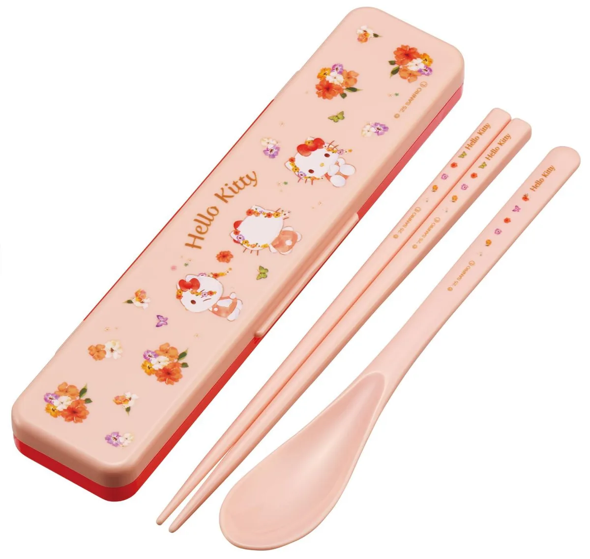 Eight-piece Hello Kitty chopstick and spoon set in polished silver stainless steel with floral handles
