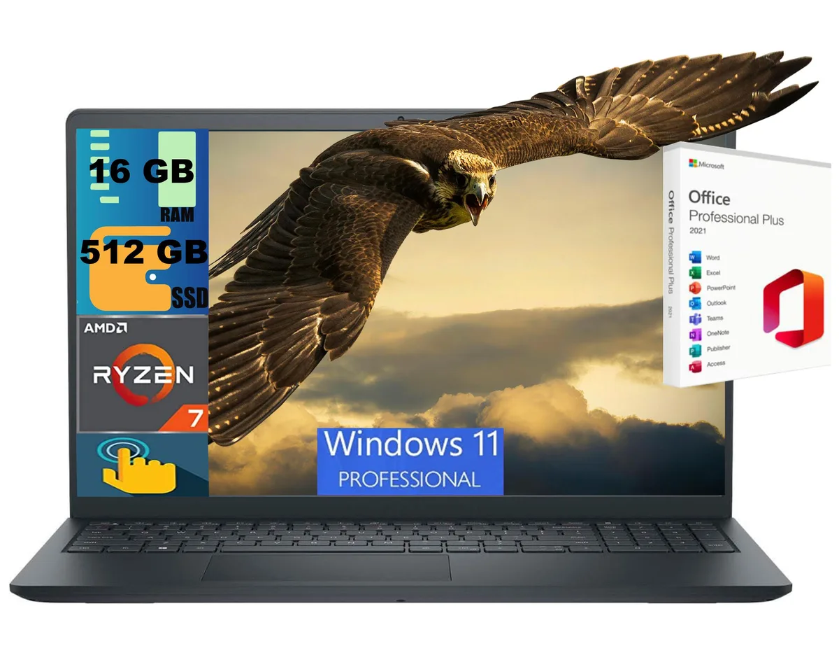 DELL DELL Inspiron 15 laptop Ryzen 7 7730U 16GB 512GB 15.6" FHD Touchscreen Windows 11 Pro Office 2021 — product photo