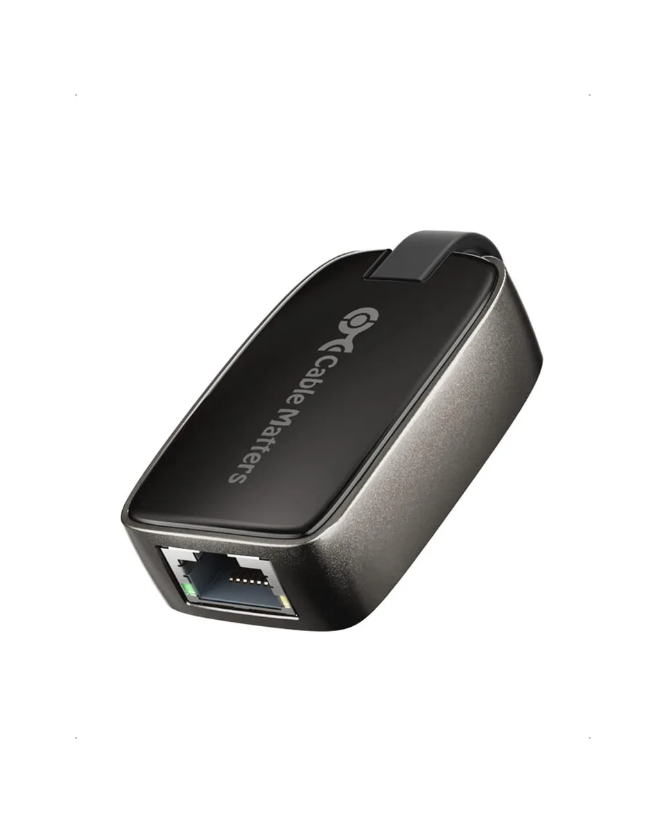 Compact black USB-C to RJ45 adapter with short folding pigtail cable