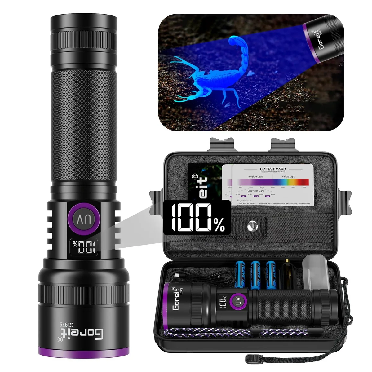 Black aluminium UV flashlight with filter lens and LCD display, 16.2 cm long
