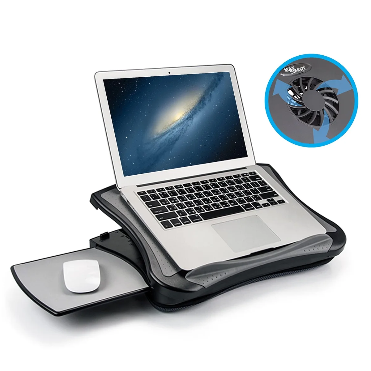 Black laptop stand with attached mouse pad, cushion, USB fan, 17 inch platform, five tilt angles