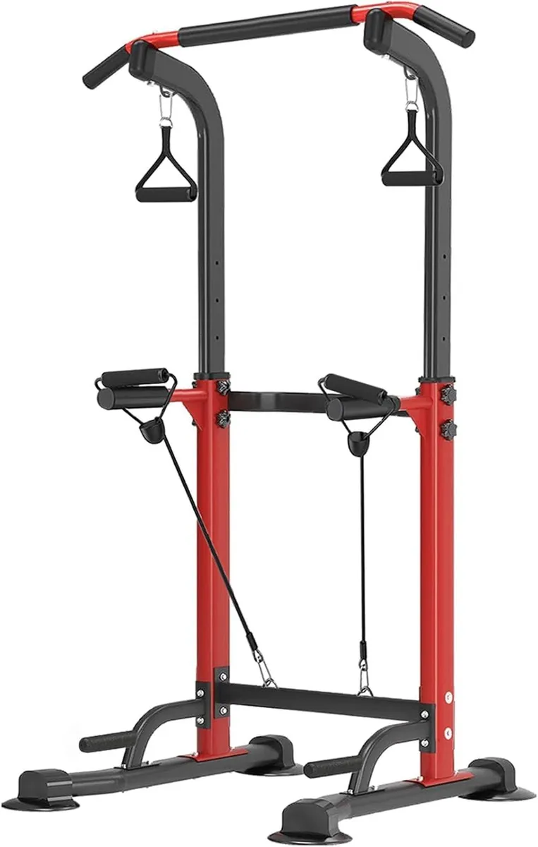 Tall steel power tower frame with pull-up bar dip handles push-up grips and resistance band hooks black powder-coated finish