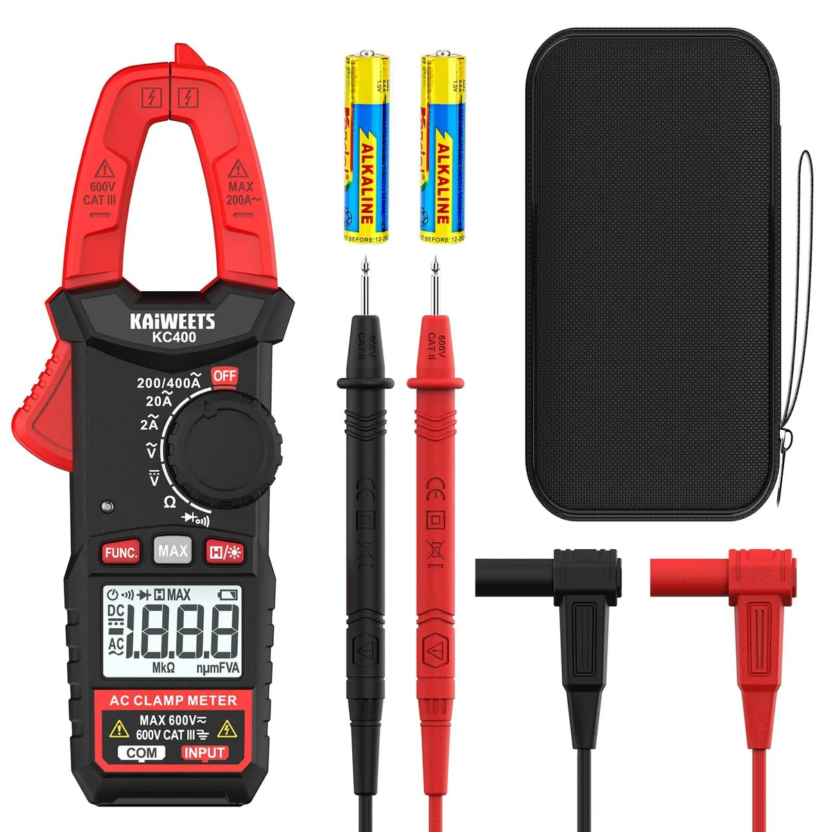Compact digital clamp meter in grey case with jaw and LCD display