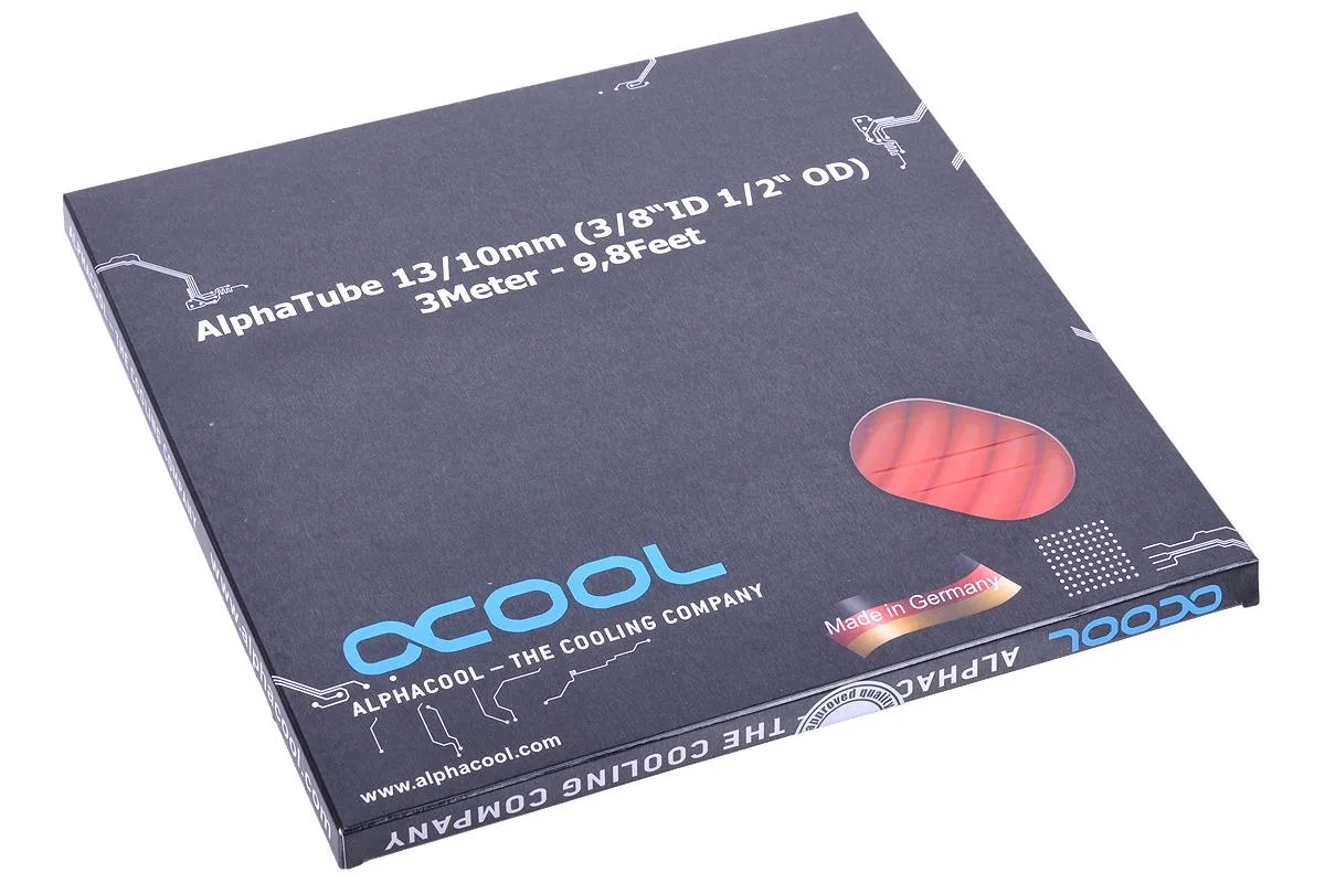 Coiled translucent red UV-reactive tubing in retail box