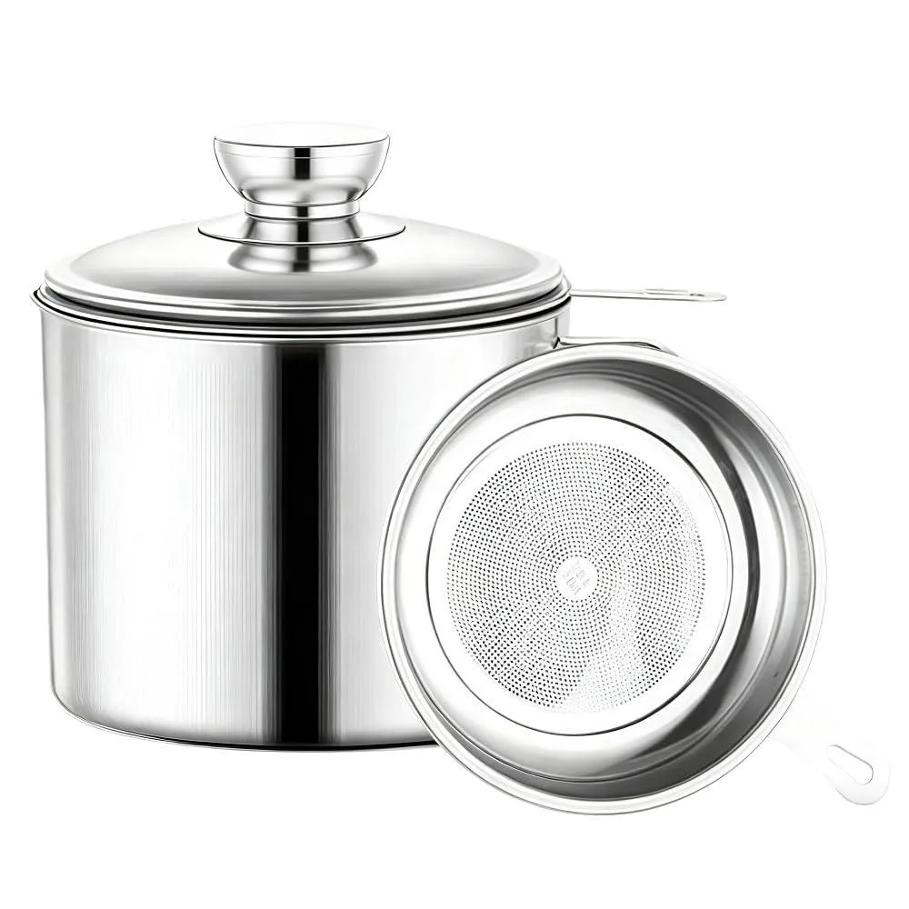 Silver stainless steel 1 L grease canister with lid and strainer, 4.7 by 4.1 by 4.5 inches