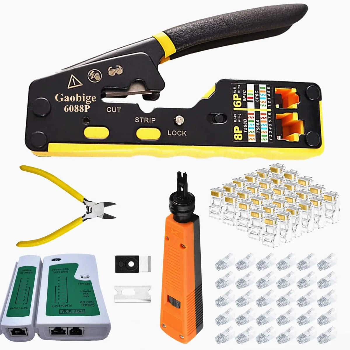 KEHIPI KEHIPI Pass Through RJ45 Crimp Tool Kit Cat6A Cat6 Cat5e Cat5 30PCS Connectors — product photo