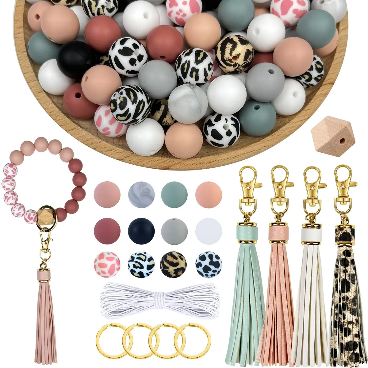 Kit with 100 black 15mm silicone beads, wooden beads, tassels and elastic string