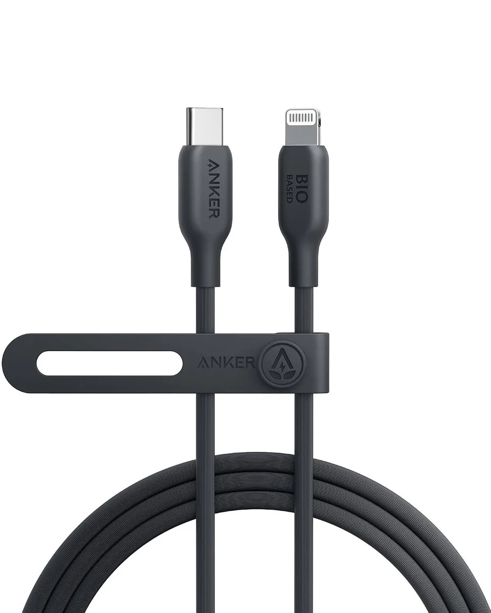 Black USB-C to Lightning cable with straight connectors six feet long