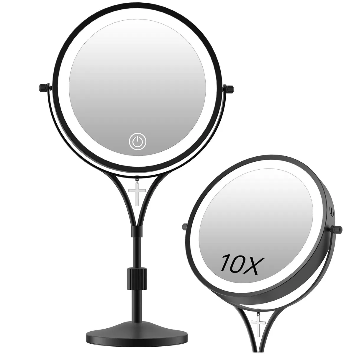Black round tabletop mirror with Y-shaped stand, 48 LEDs, 1X/10X magnification, adjustable height 13 to 14.5 inches, 360° swivel