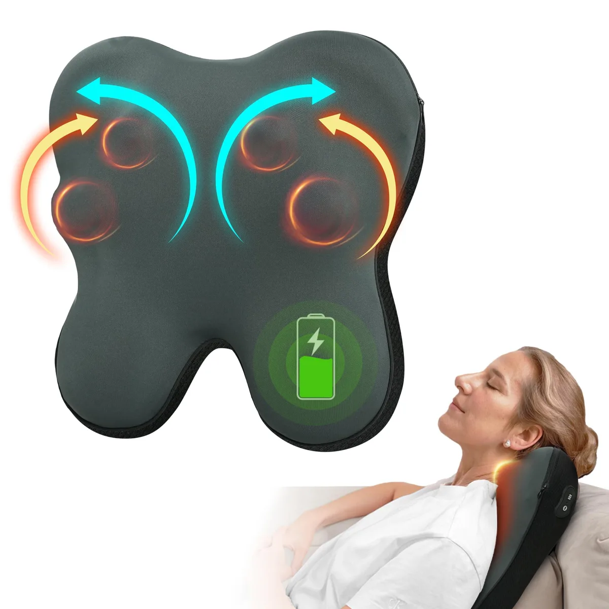 Gray U-shaped neck massager with fabric finish and integrated controls