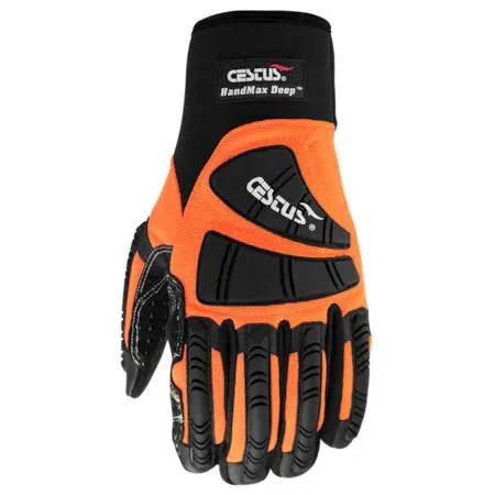 Pair of medium grey work gloves with black rubber knuckle guards and long neoprene cuffs