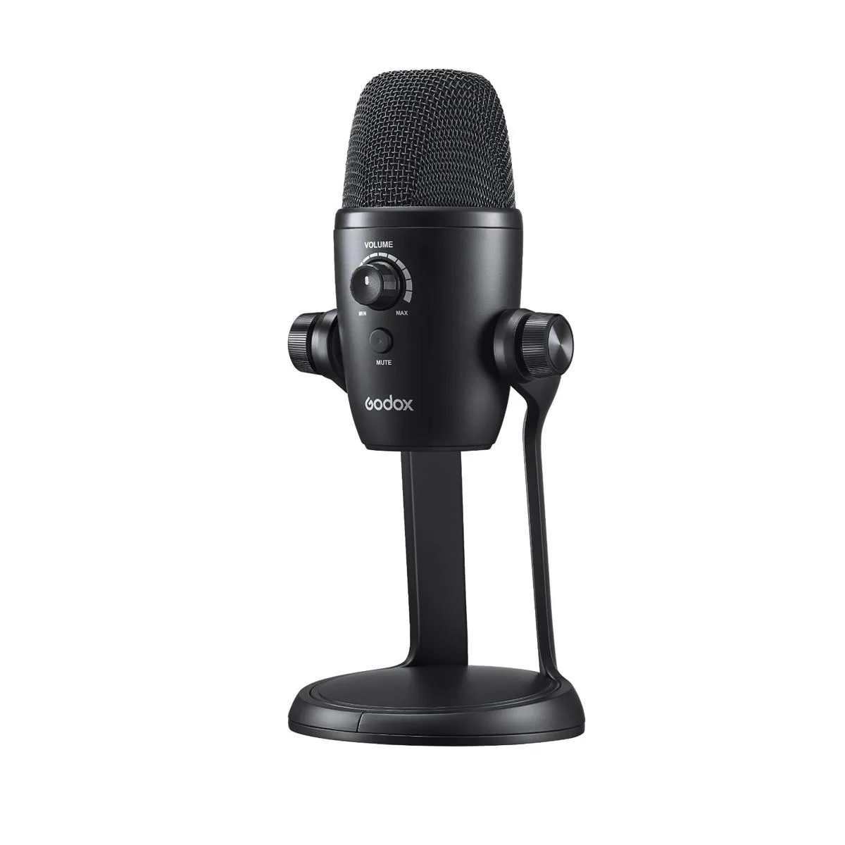 Silver cylindrical USB condenser microphone on metal base with pattern dial