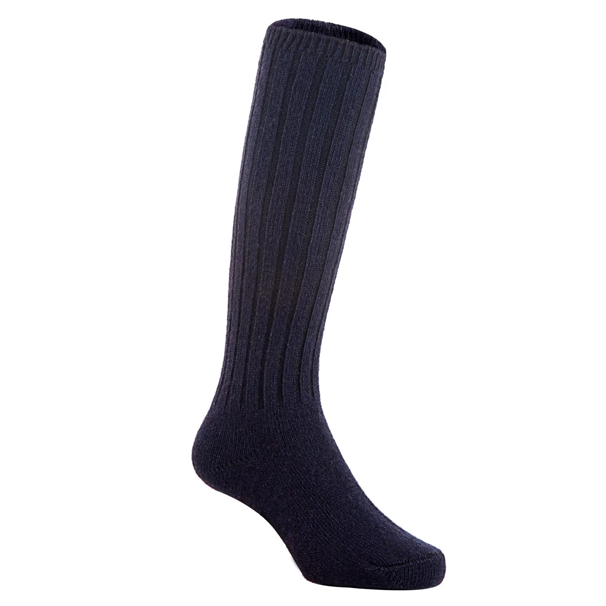 A single knee-high wool sock in a random colour, shown flat with ribbed cuff and textured foot