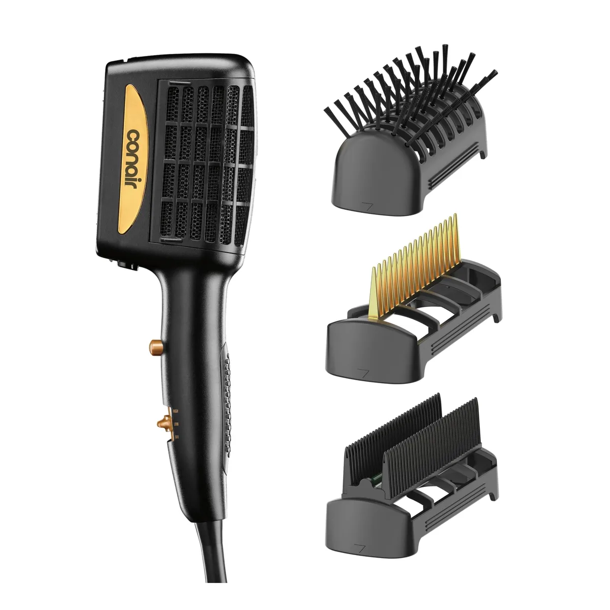 Black Conair 1875W hair dryer with three styling attachments