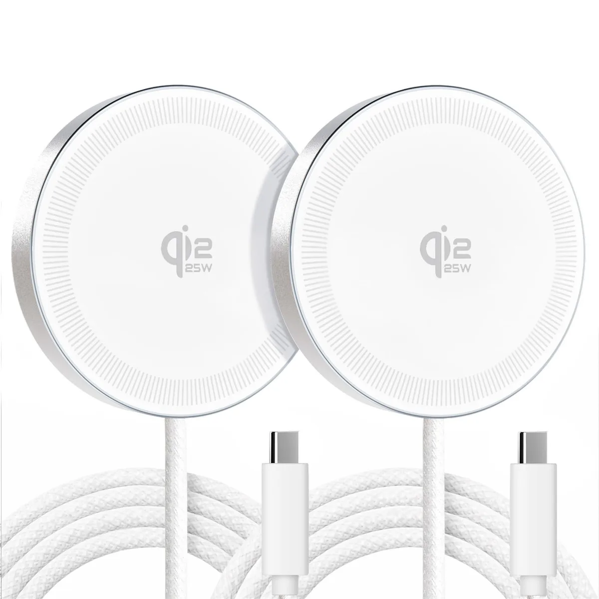 Two white magnetic wireless charging pads side by side