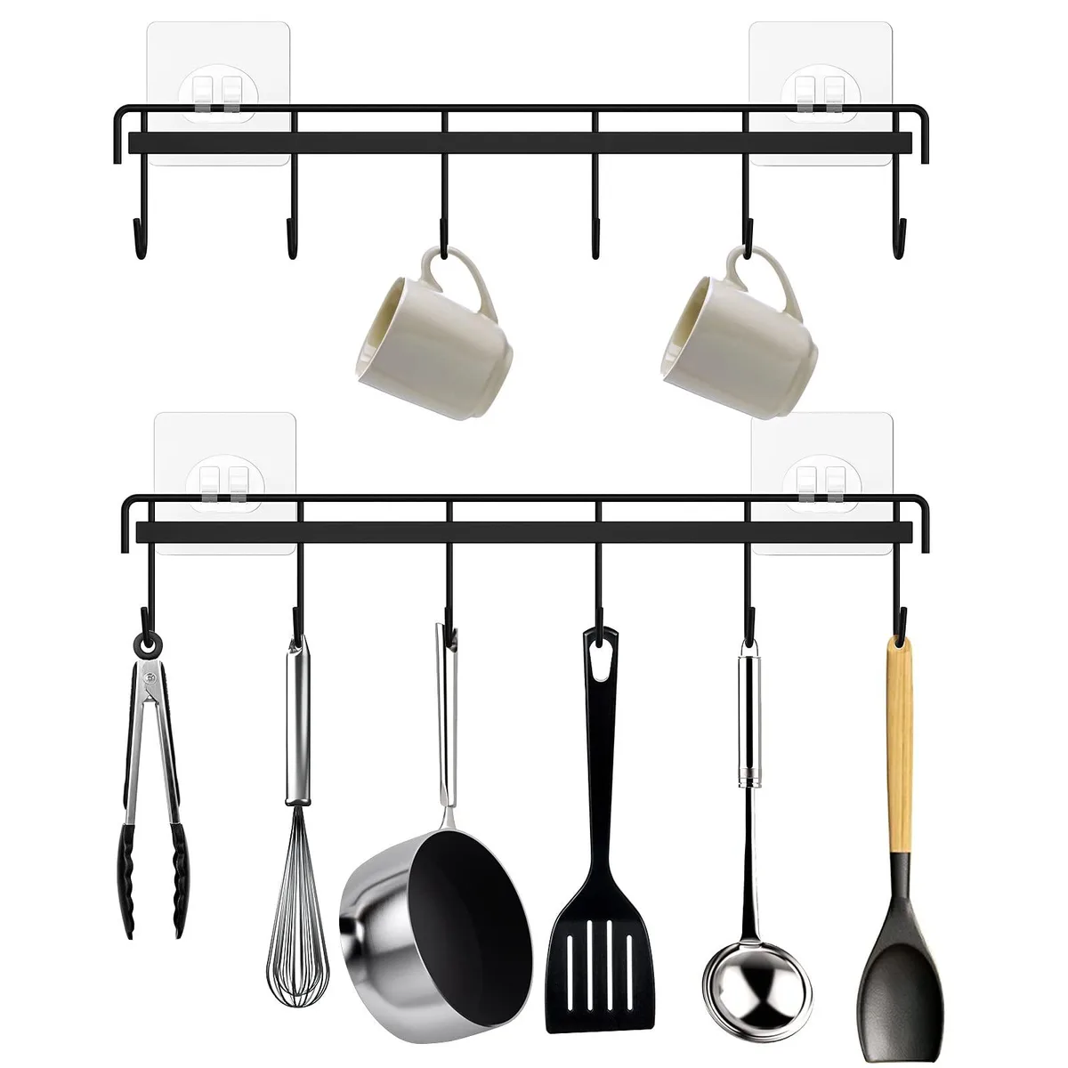 Two black metal rails, 12.5 inches long, each with six hooks, adhesive mounted