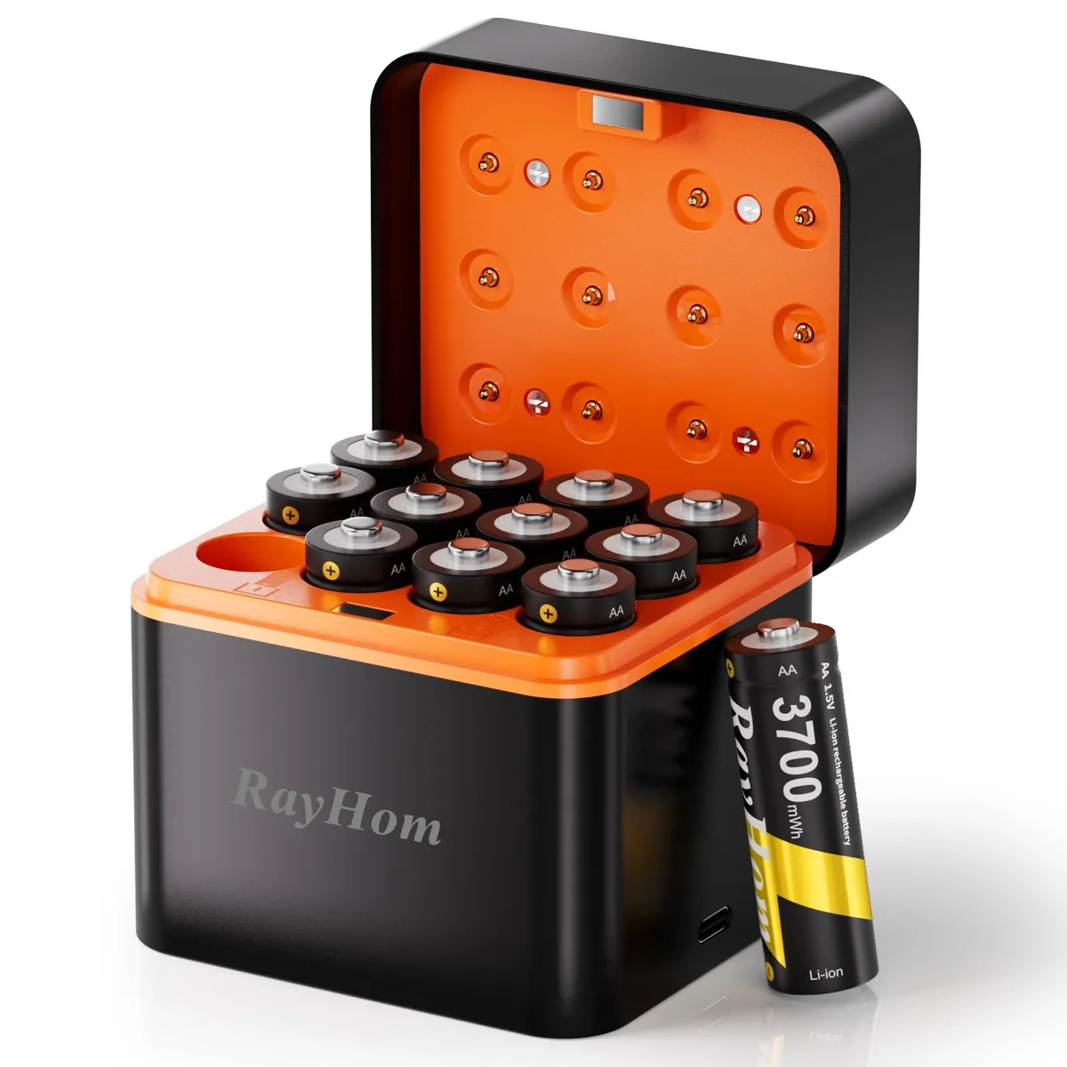 RayHom AA 1.5V 3700mWh Li-ion 12-pack with 12-slot charger — product photo