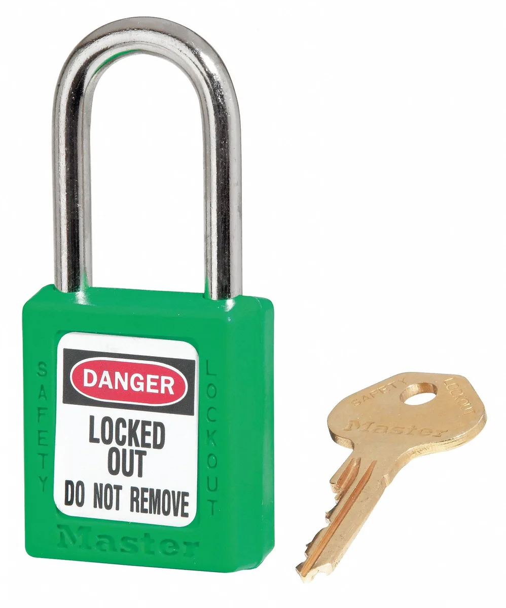 Green thermoplastic lockout padlock with steel shackle and two keys