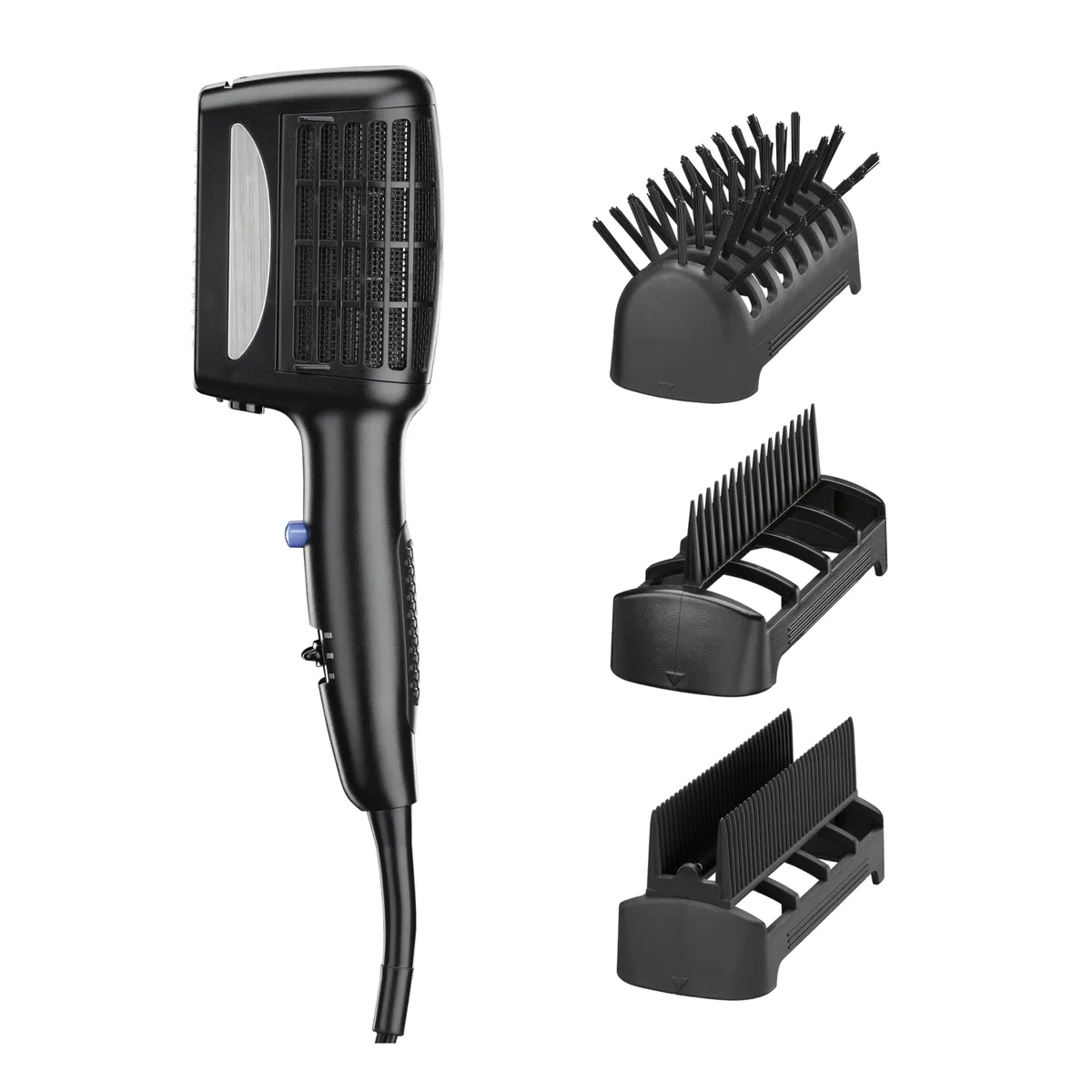 Black hair dryer with three detachable styling attachments, matte finish, ergonomic handle