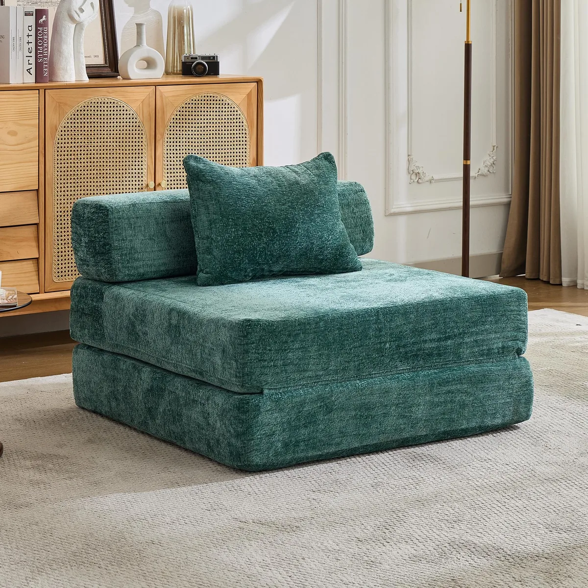 Dark green chenille convertible floor sofa bed, folded as a single seat