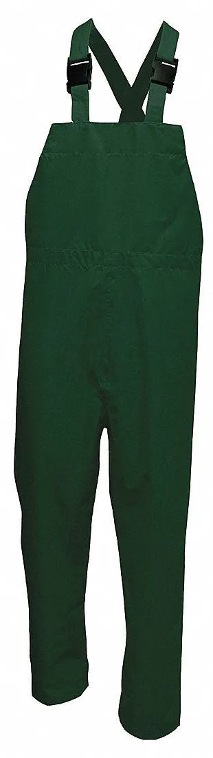 Green polyester rain bib pants, bib style, elastic waist, adjustable cuffs, hook-and-loop fly, PVC lining